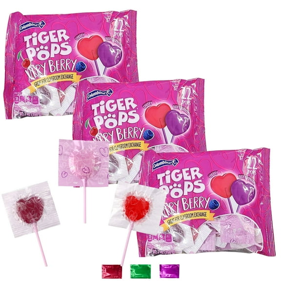 Valentines Day Tiger Pops Very Berry Heart Pops Pack of 3, Cherry & Blue Raspberry Flavor, 22 Individually Wrapped Lollipops for Kids Party Favors Classroom Exchange w/ Snoep in Beperkte Oplage