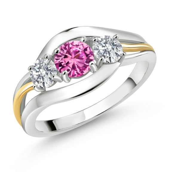 Gem Stone King 925 Sterling Silver and 10K Yellow Gold Round Pink Created Sapphire and White Lab Grown Diamond 3 Stone Ring for Women (1.09 Cttw, Available in Size 5, 6, 7, 8, 9)