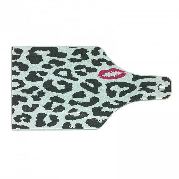 Safari Cutting Board, Leopard Cheetah Animal Print Kiss Shape Lipstick Mark Dotted Trend Art, Decorative Tempered Glass Cutting and Serving Board, Wine Bottle Shape, Charcoal Grey Pink, by Ambesonne
