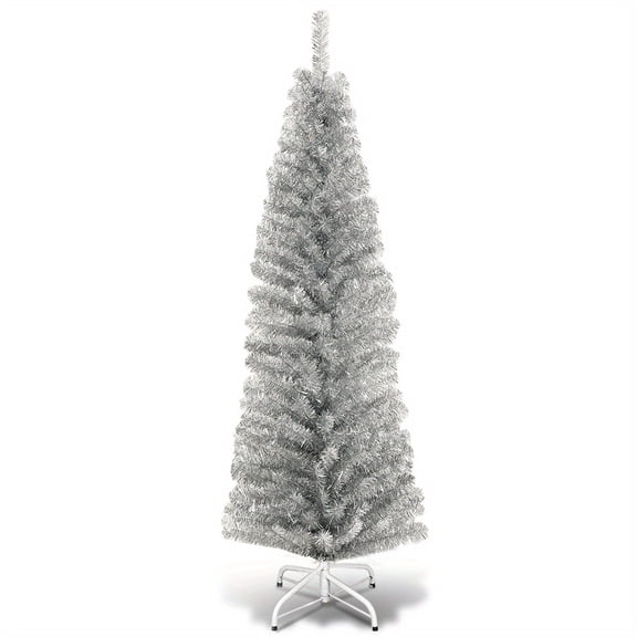 Multigot 6FT Silvery Tinsel Tree Unlit Slim Pencil Christmas Tree W/Metal Stand Home Decor