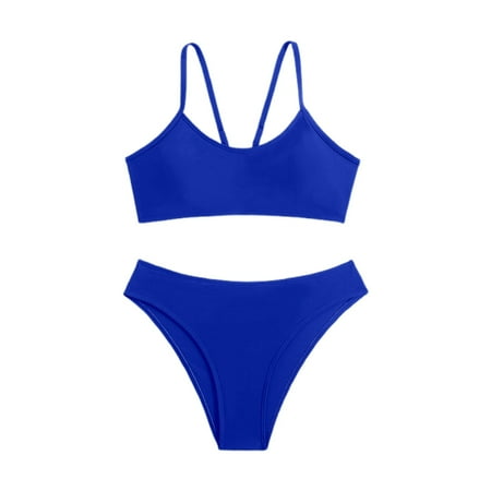 JIANJIA Womens Swimsuits Summer Sexy Solid Color Spaghetti Strap Backless Brassiere With Thongs Split Swimsuit Two Piece Tankinis Swimwears Beachwear  Blue S