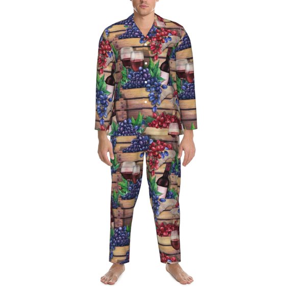 Mens Pajamas Set - Glasses Of Red Wine 1 Comfy Long Sleeve Button Up Pajama Sets for Men 2 Piece, Soft Sleepwear Nightwear Pjs Lounge Sets for Men with Pockets