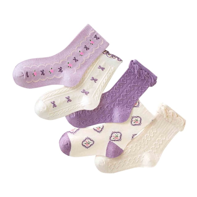 FAIWAD Girls 5 Pairs Cotton Socks Cute Pattern Embroidered Stretchy Socks Toddler Birthday Wedding Princess Socks