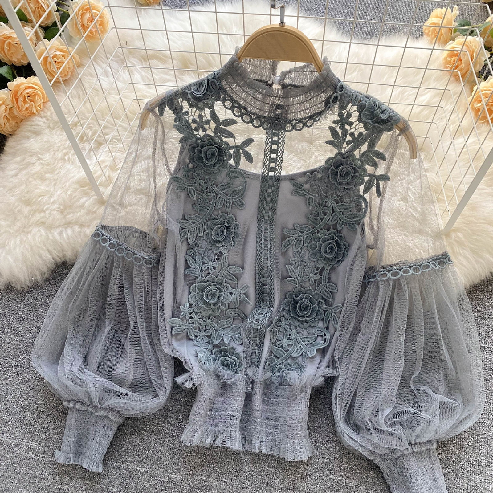 Women Cottagecore 3D Flower Blouse Bell Long Sleeve Sheer Lace