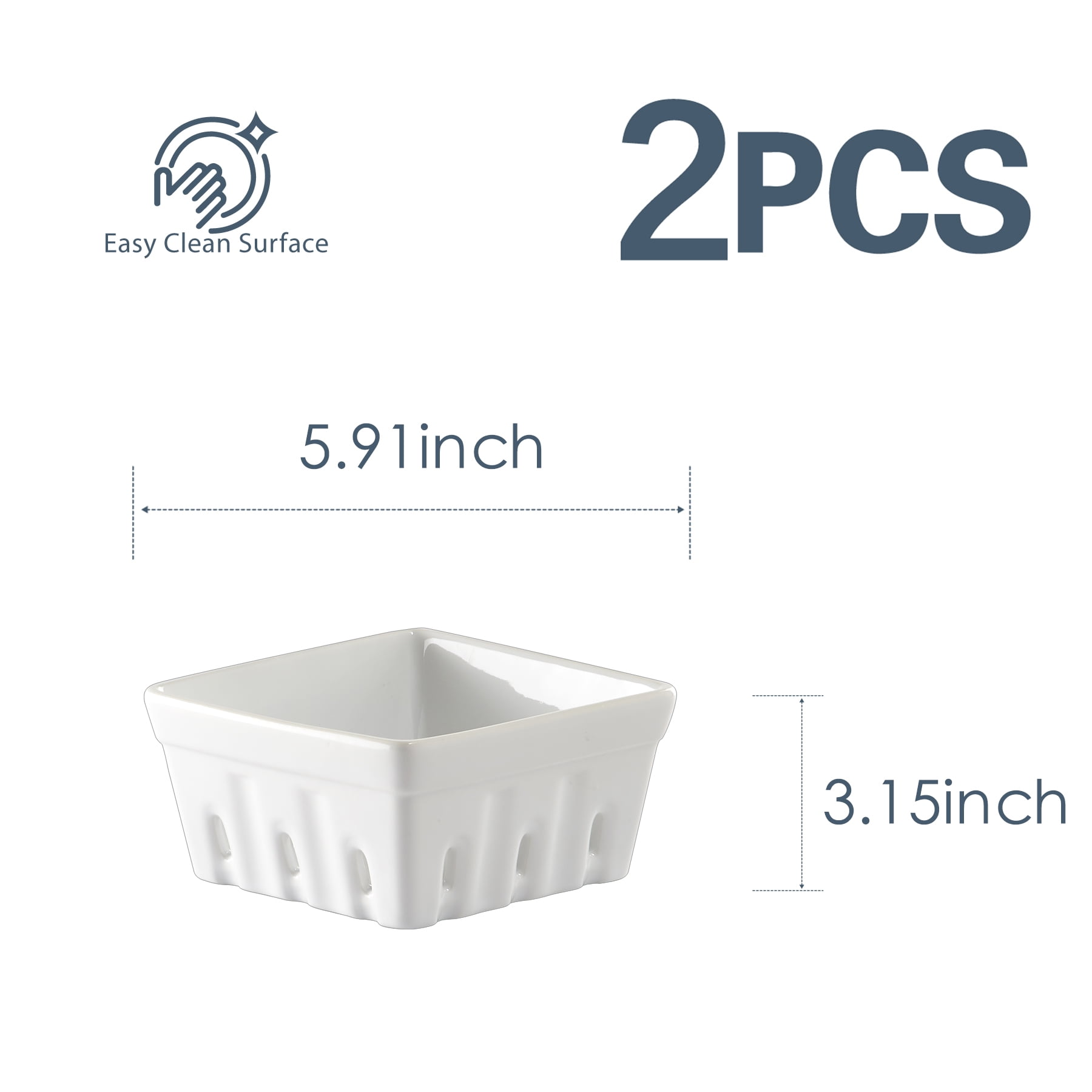 CONTENPO Ceramic Berry Basket Square Fruit Bowls with Holes Berry Bowl Colander Fruit Basket for Kitchen Décor - 5.9" Berry Containers for Fridge, Set of 2, White