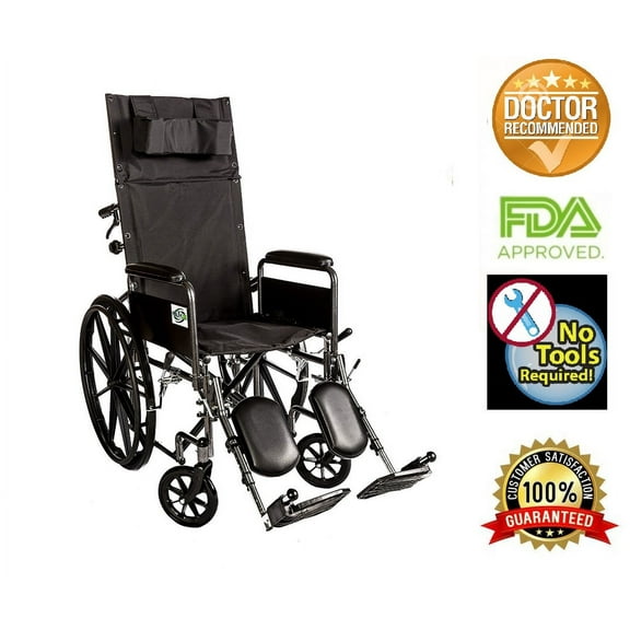 Recliner Folding Wheelchair Lightweight Full Arm Detachable Padded Flip Back With Swing Away Elevating Legrests by Healthline, Lightweight Carbon Steel Folding Wheelchair, 16 Inch Seat