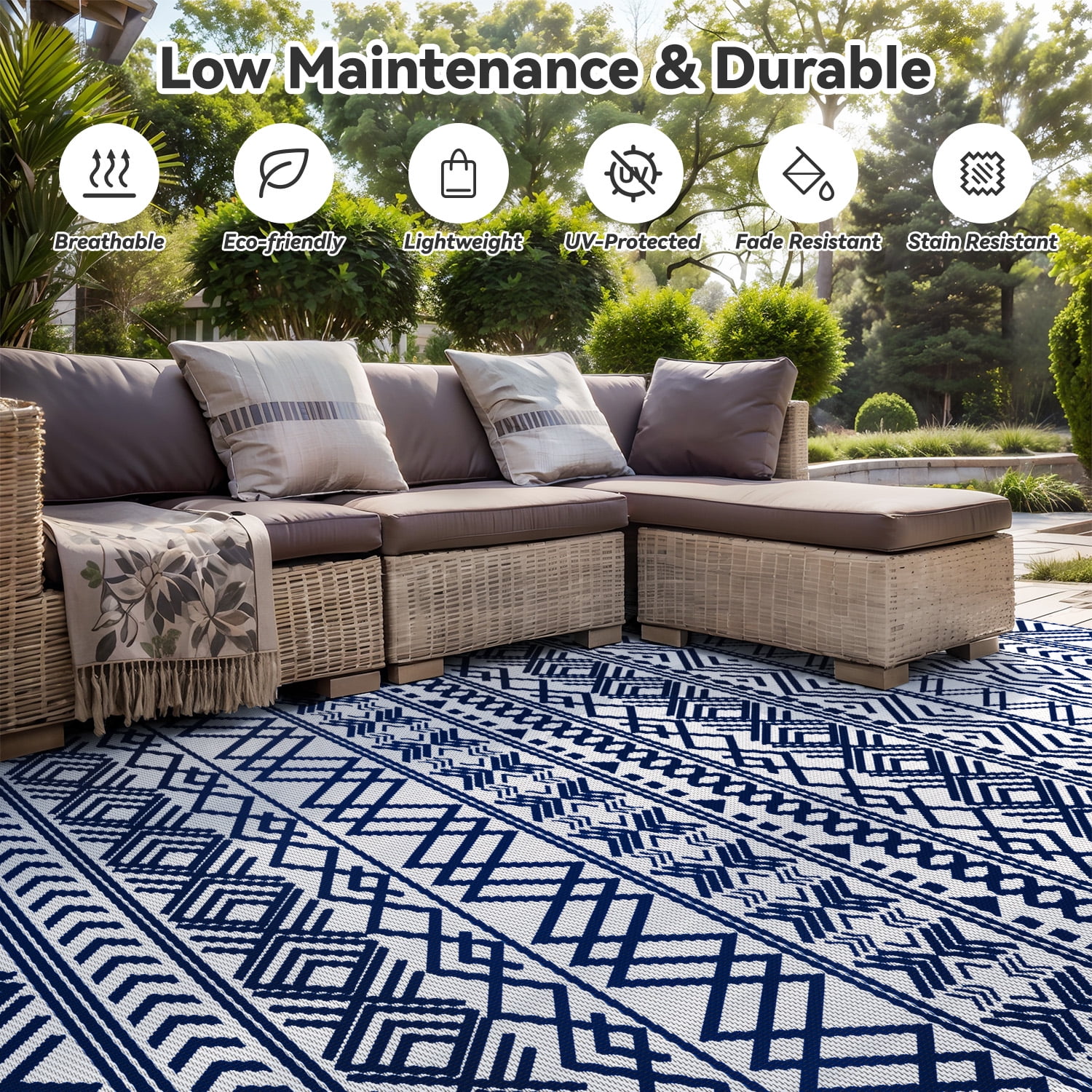 SIXHOME Outdoor Rug 5'x8' Waterproof Reversible Patio Rug Boho Geometric Indoor Outdoor Rugs Lightweight Plastic Straw Ourdoor Carpet for RV Camping Deck Balcony Modern Porch Decor Blue and White