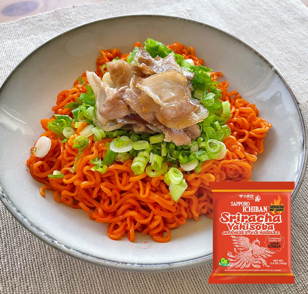 [SAPPORO ICHIBAN] Sriracha Yakisoba, Spicy Chow Mein, No. 1 Tasting Japanese Instant Noodles (3.6 Oz/102 g) (30 Packs)