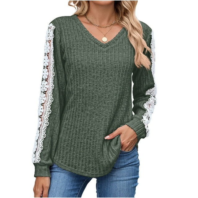 MHFRRA Blusa Informal de Manga Larga para Mujer con Encaje En contraste, Holgada, para Uso Diario, Primavera y Otoño. Verde Militar