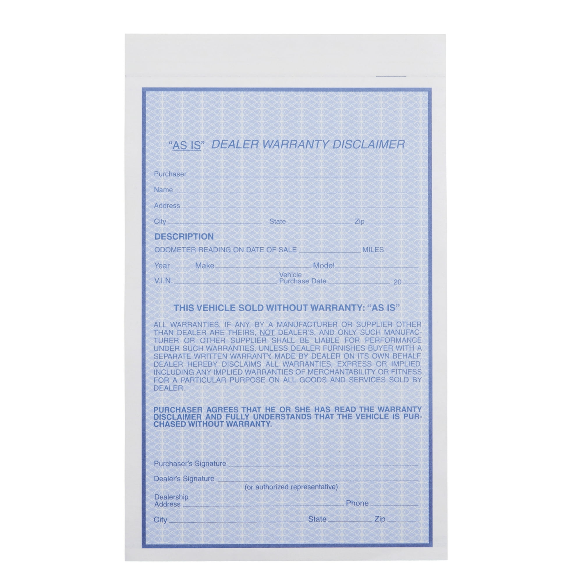 2-Part "As Is" Dealer Warranty Disclaimer Form - 5 1/2"W x 8 1/2"H - Pack of 100