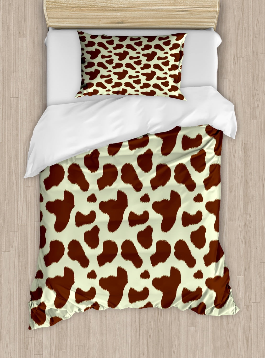 Cow Print Twin Size Duvet Cover Set, Cattle Skin with Brown Spots