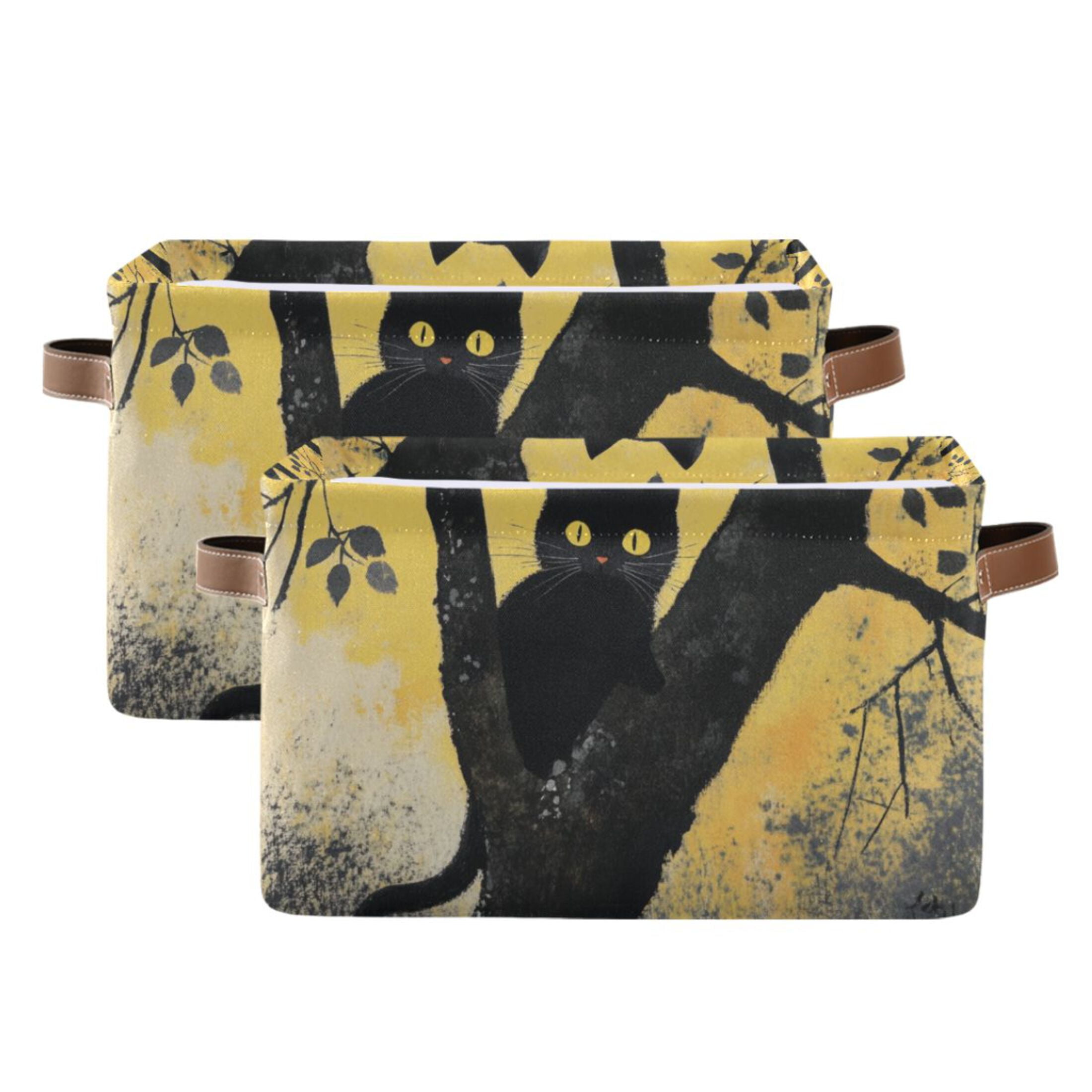 WOBOGO Black Cat on Branch Square Storage Basket with Waterproof Canvas and PE Lining Durable PU Leather Handles 14.2×10.2×8.3in