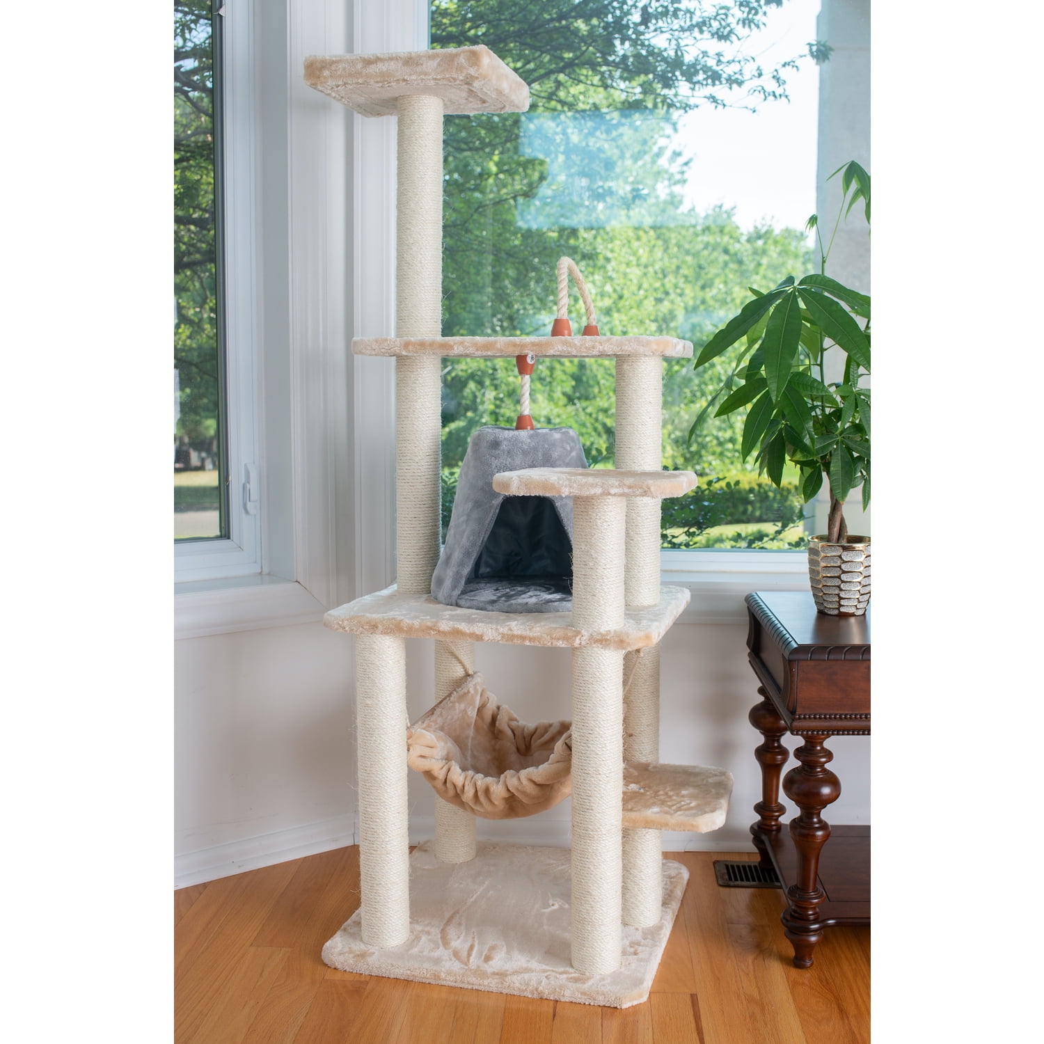 Cat Tree Tower with Hammock - Multi-Level Kitty Condo, Scratching Posts, Soft Faux Fur - 65" Tall