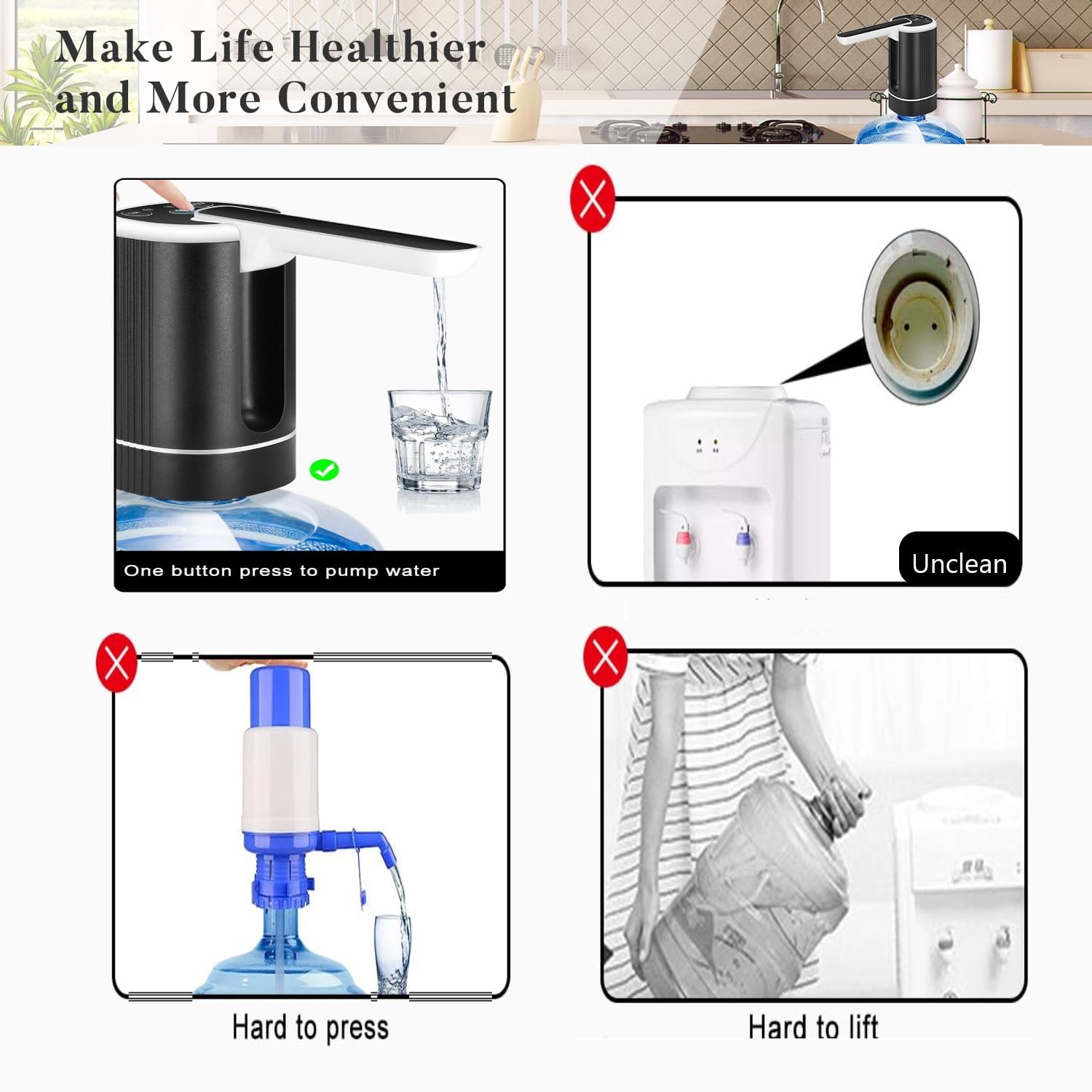 Uncahome Water Dispenser for 5 Gallon Bottle, Rechargeable Portable Electric Water Bottle Pump, Foldable Automatic Water Jug Pump for for Home, Office & Camping (Black)