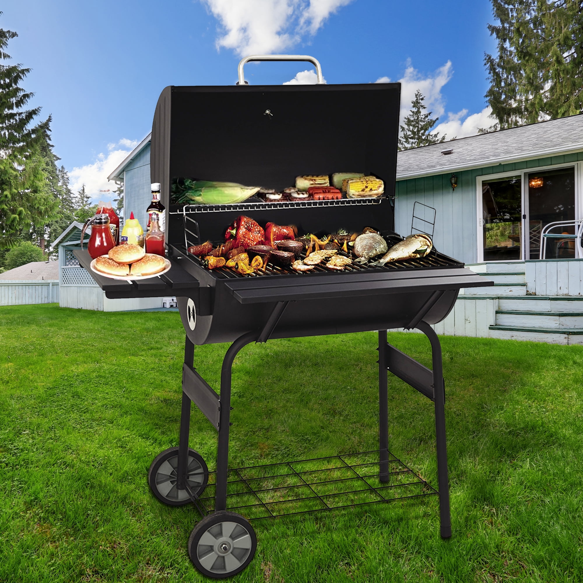 ALL STEEL BBQ CHARCOAL GARDEN BARBECUE BLACK ADJUSTABLE GRILL PRIMA 