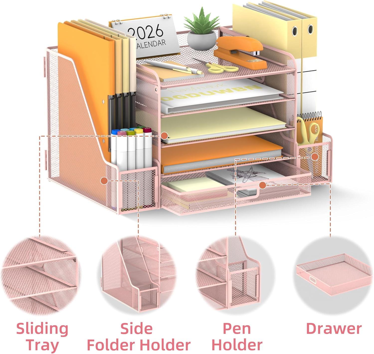 INTIGE 5-Tier Metal Mesh Desk Document Organizer with File Holder, Pen Holder and Drawer, Pink