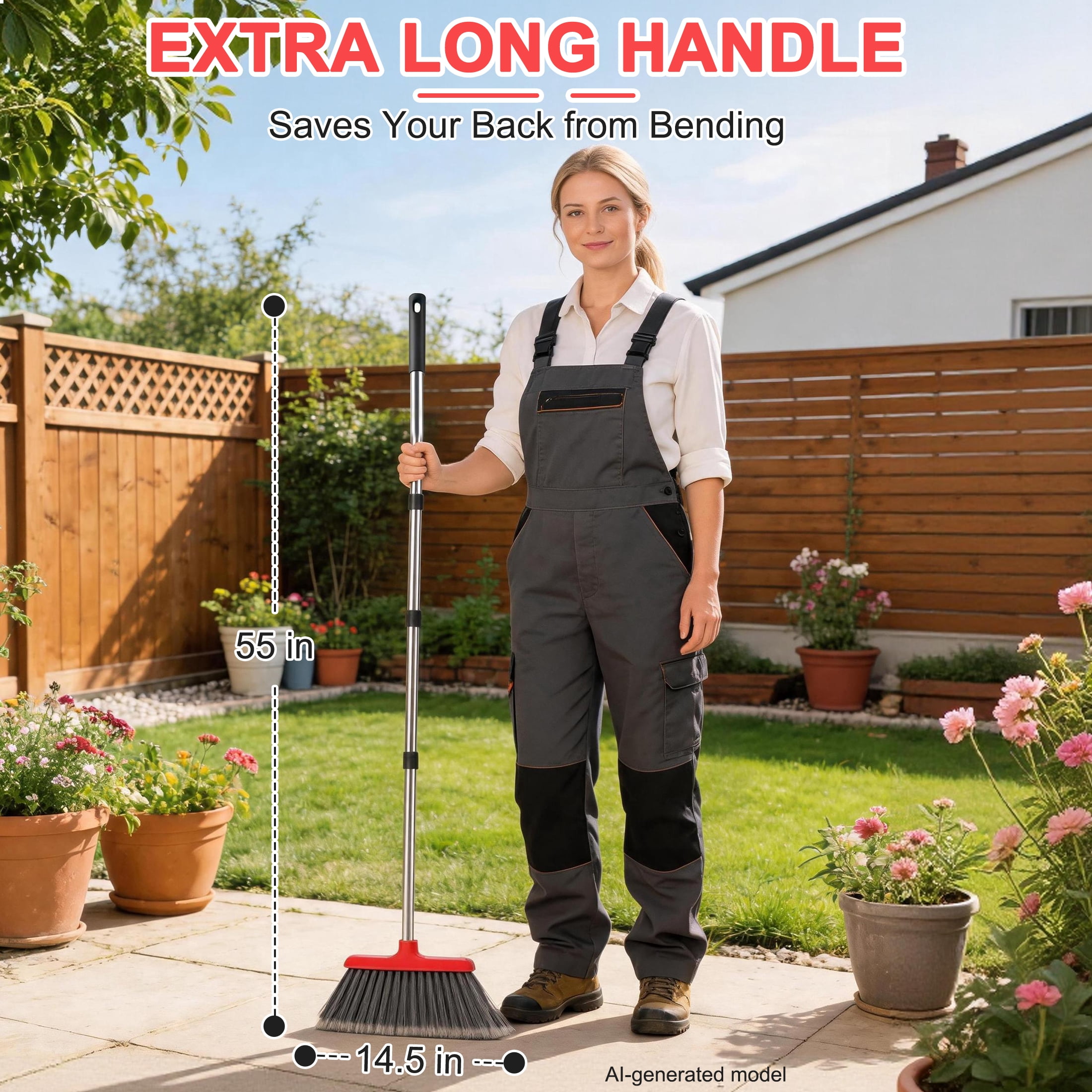 GARITIN Brooms for Floors, Heavy Duty Outdoor Stiff Bristle Angle Broom for Patio, Garage, Deck & Garden, Indoor Sweeping Broom with Long Handle