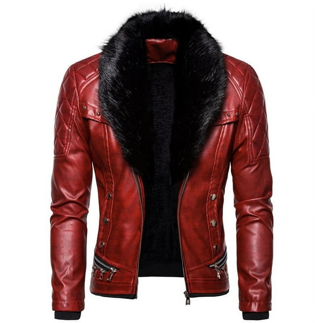 Primavera y otoño Chaqueta de cuero de motocicleta con remaches y cuello de piel desmontable Punk para hombres europeos y americanos
