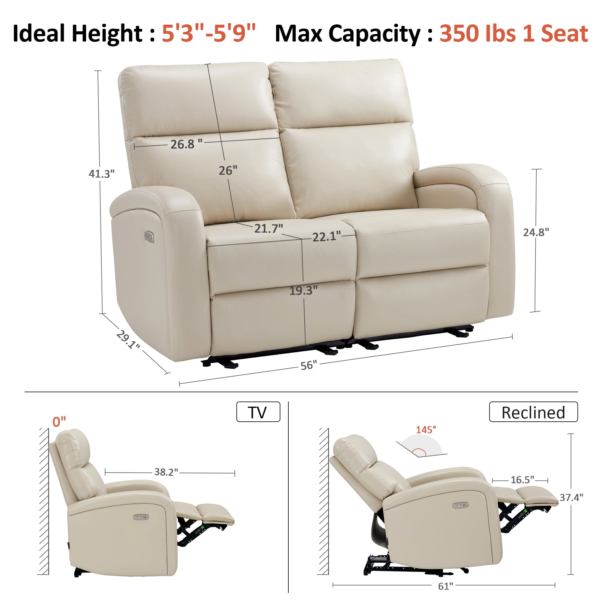MCombo 56" Zero Wall Hugger Power Recliner Loveseat Sofa for Small Space, Living Room, RV, Beige