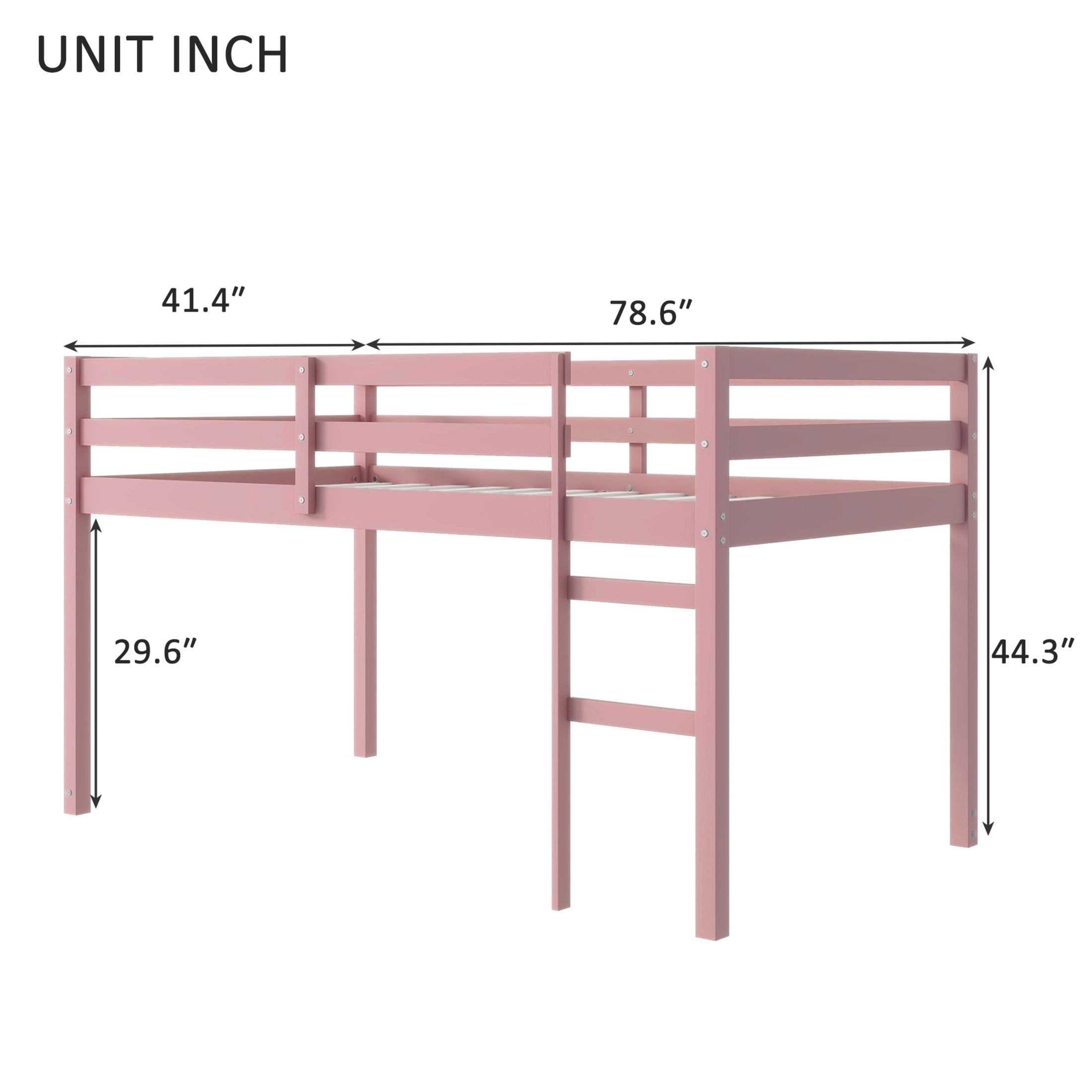 Noble House Modern Tilda Twin Loft Bed, Solid Rubber Wood Frame with Ladder, Spacious Under for Kids, Pink
