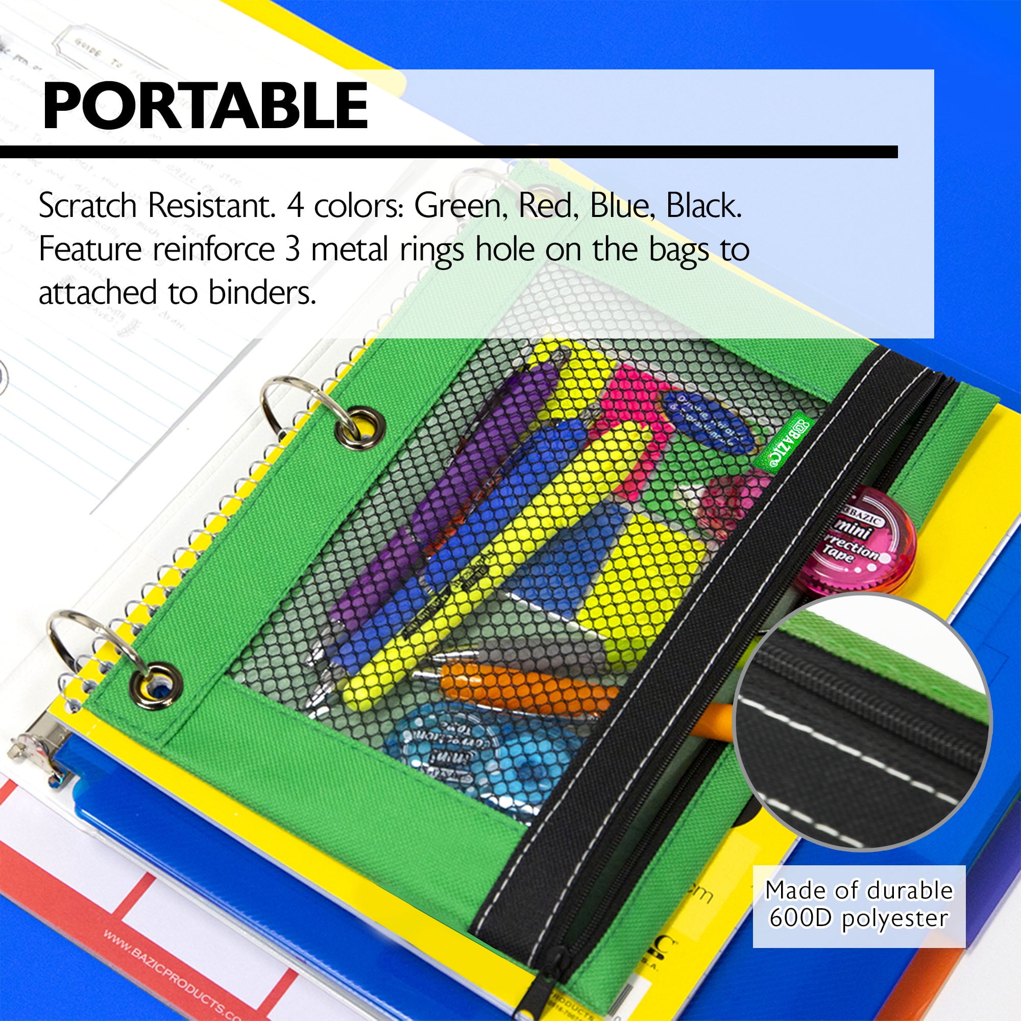 BAZIC 3 Ring Pencil Pouch, Mesh Window, Assorted Color, 4-Pack