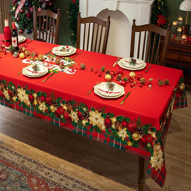 Rectangle Red Tablecloth Christmas 60x102 Inch - Waterproof Holiday Decor New Year''s Eve Rectangular Table Cloth - Washable Fabric Xmas Table Cover for Party, Kitchen, Dining Room
