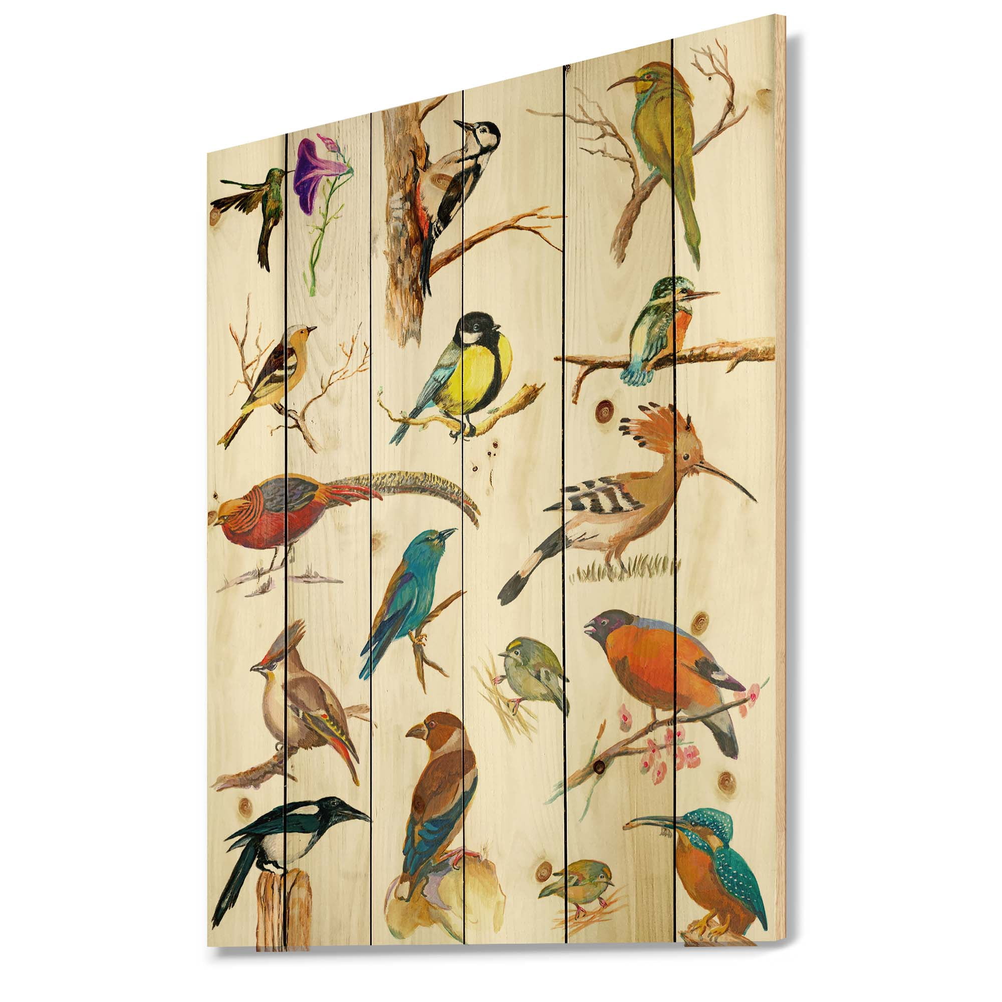 Designart 'Vital Colored Birds Plancard' Traditional Print on Natural Pine Wood
