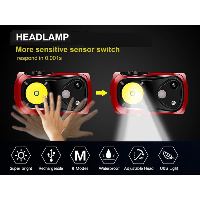 EIGTHTAIL 2 Pack Ultra Light & Rechargeable Headlamp with 1000 Lumens LED Headlight with White Red Light Waterproof Motion Sensor Head Lamp 6 Mode for Outdoor Running Repairing Fishi