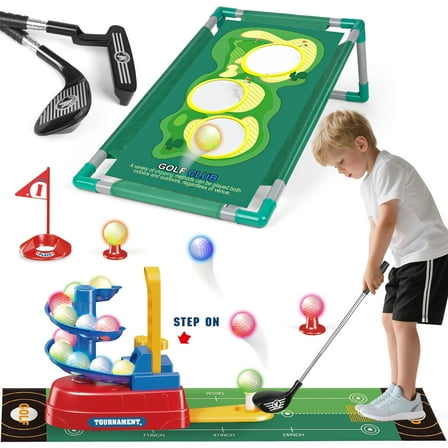 Beefunni Toddler Golf Club Set for 3 4 5 6 Years Old, with 20 Balls & 3 Golf ClubsGlow-in-the Dark Golf Club Set for Kid, Toddler Indoor Outdoor Sport Toys for Girls Boys, Birthday Gift