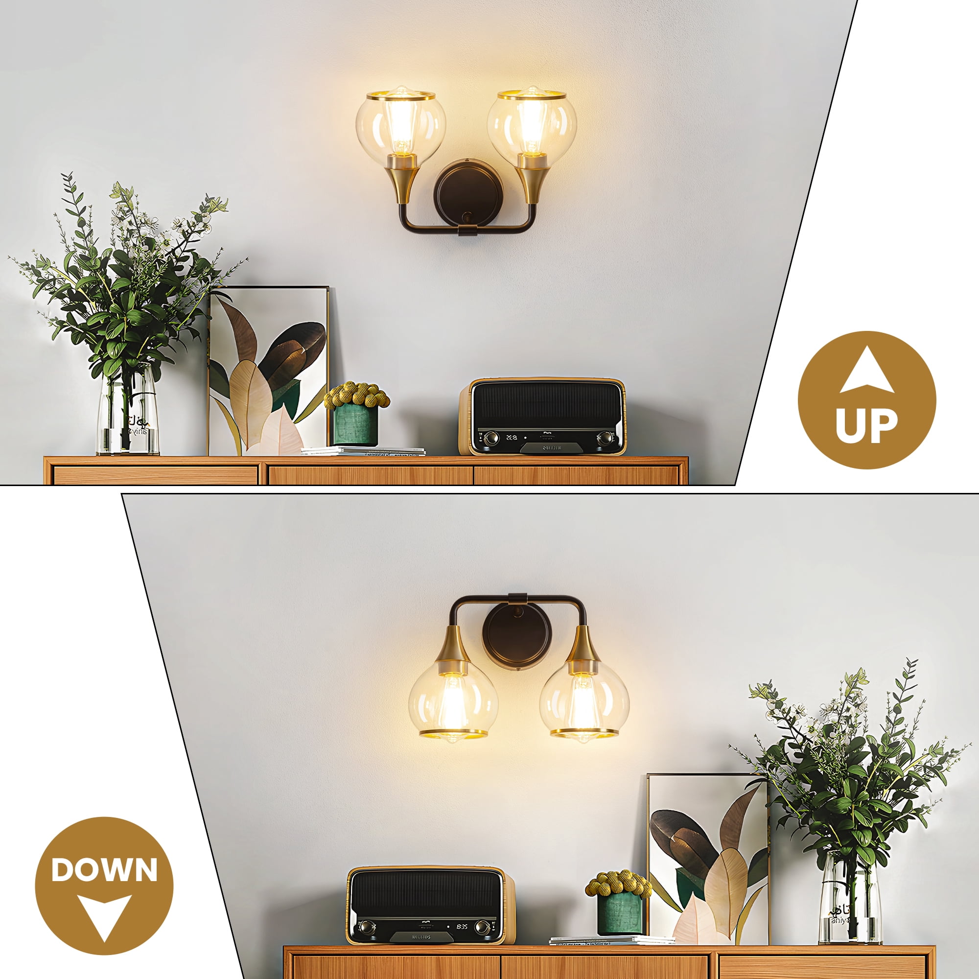 KAISITE 2-Light Black and Gold Modern Dimmable Vanity Lights with Globe Glass
