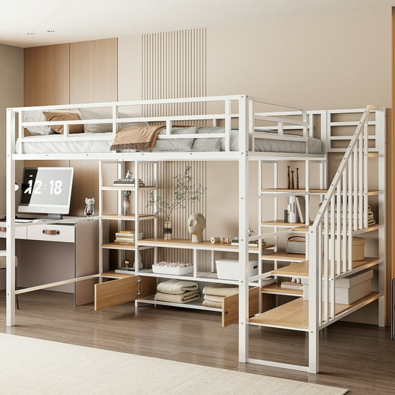 New Full Size Metal Loft Bed with Staircase,Low Storage Table and Storage Shelves,White