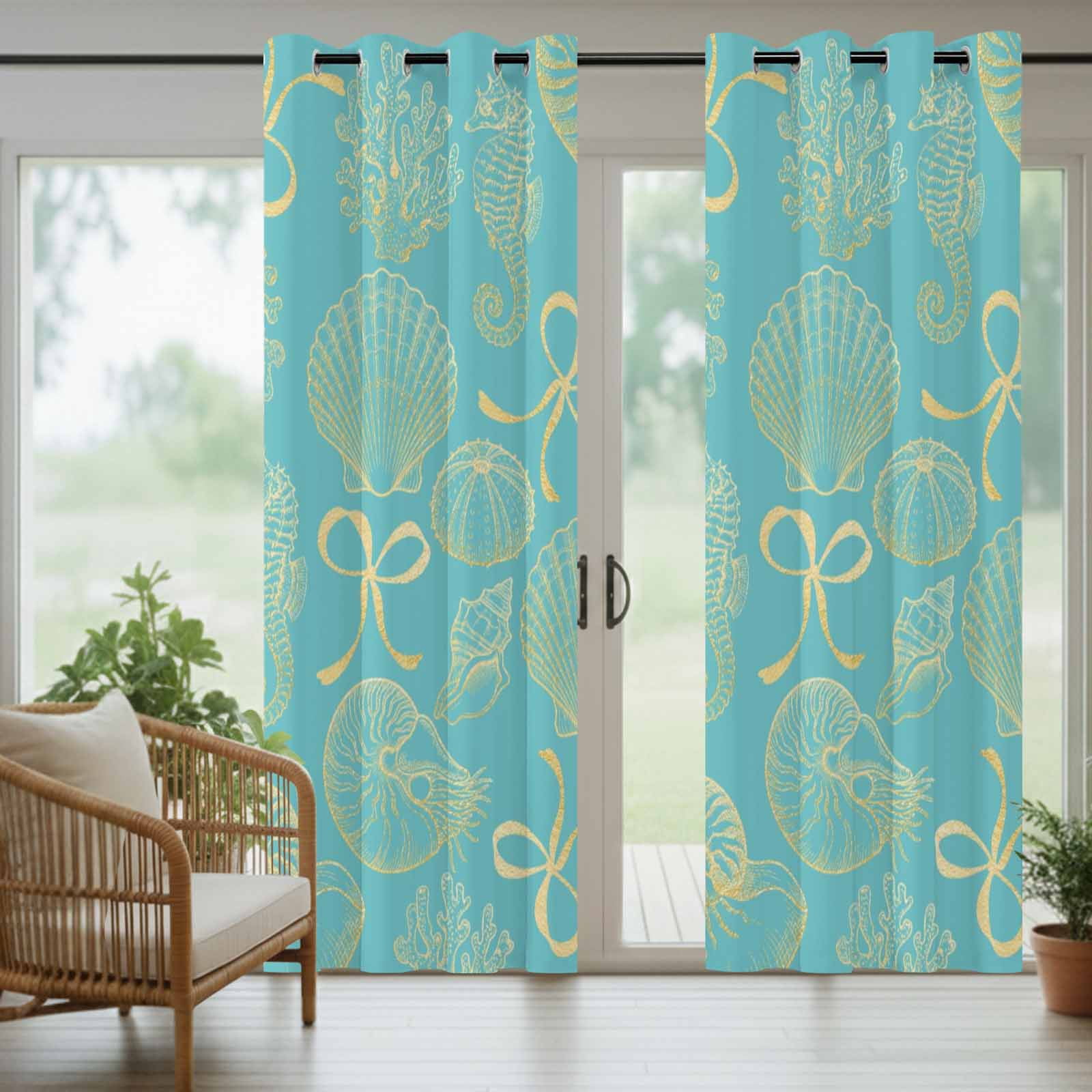 Ocean Shell Outdoor Curtains for Patio, Gold Seahorse Shells Bowknot Coral Blue Sunshade Privacy Drapes Grommet Waterproof Outside Curtains for Porch/Cabana/Balcony 54"x 108", 1 Panel