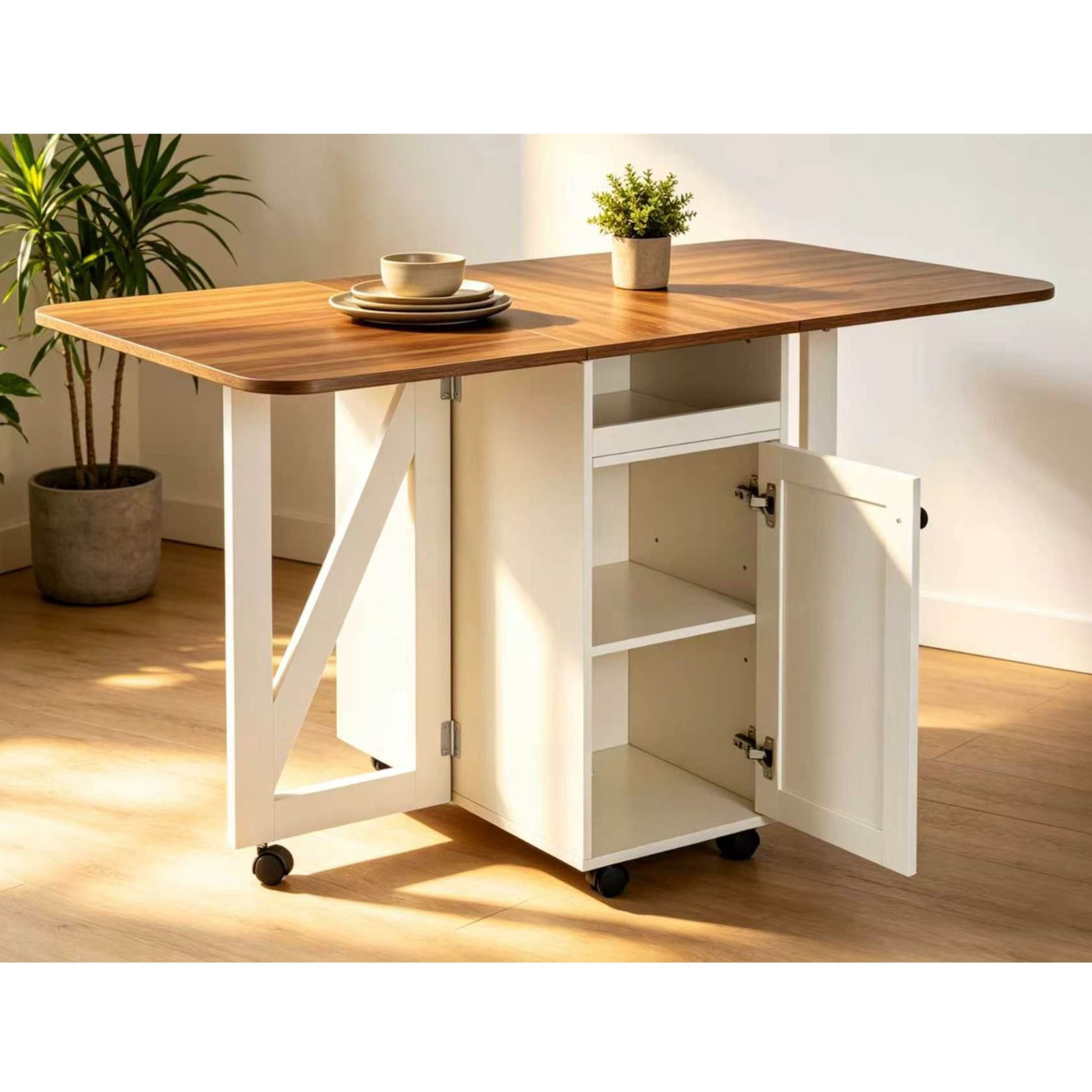 GDF Studio 50.8" Foldable Drop Leaf Dining Table with Rolling Storage Cabinet, White+Walnut