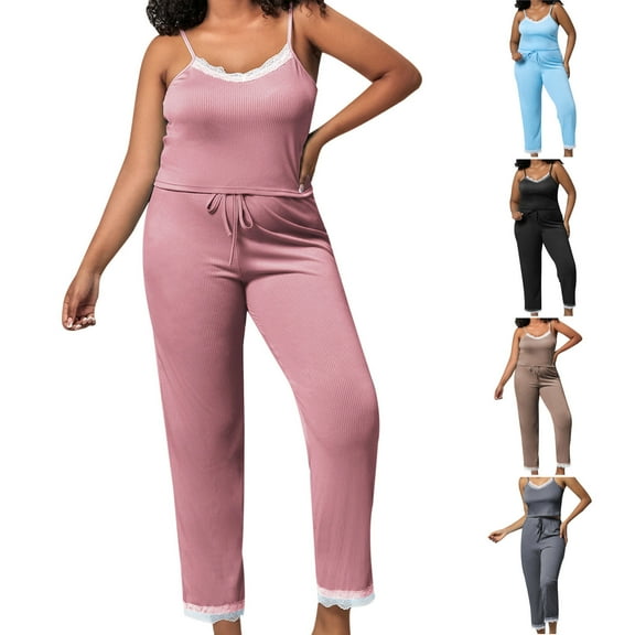 Elainilye Fashion Pajamas for Women Summer Elastic Thin Casual Pajamas Loose Oversized Pajamas Lace Camisole and Pants Homewear,Black