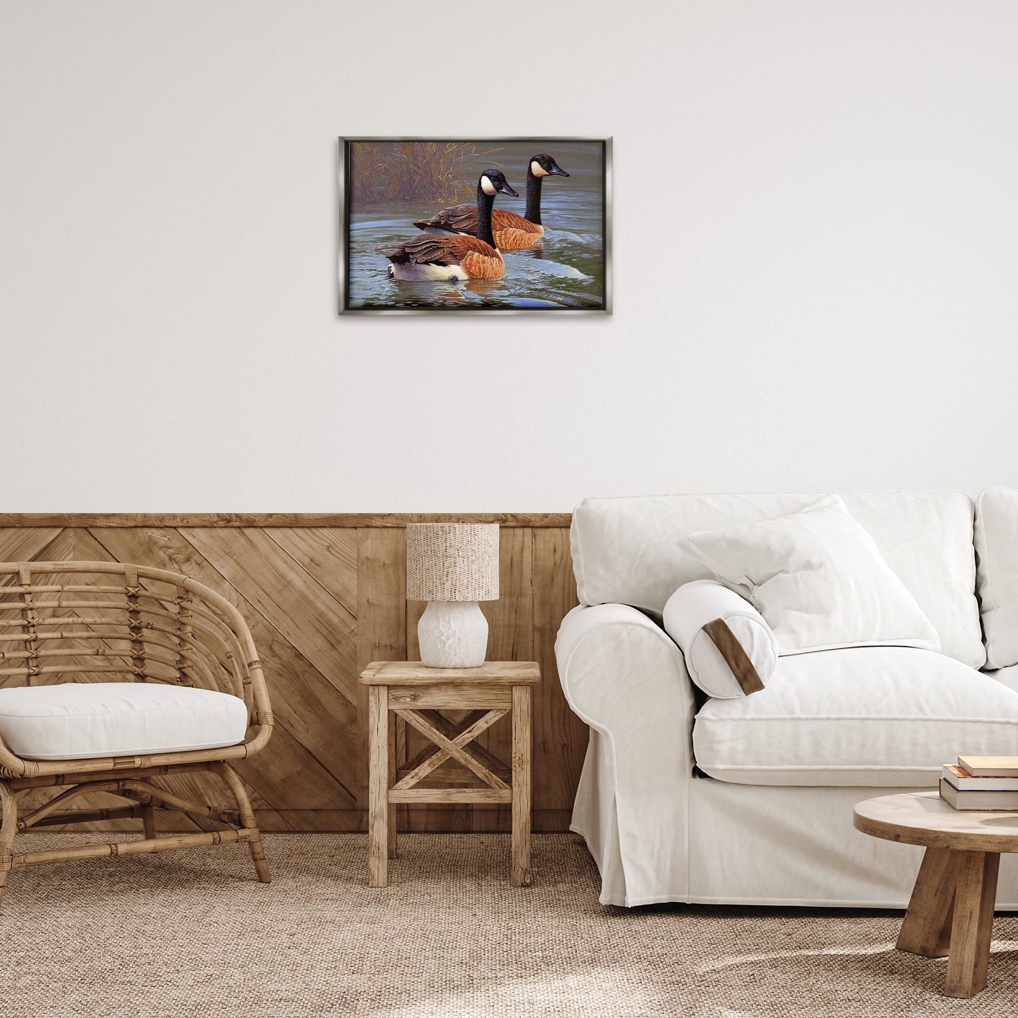 Stupell Industries Backwater Canada Geese Animals Painting Gray Floater Framed Canvas Art Print Wall Art, 25 x 17