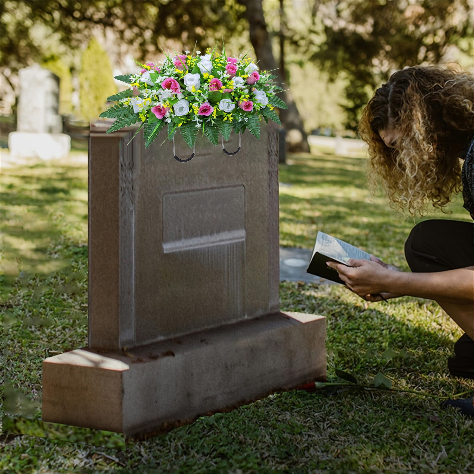 Safeglitz Artificial Cemetery Flowers Saddle Arrangement - Non-Fading Grave Decor, Weather-Resistant Memorial Floral, Cemetery Saddle Flowers
