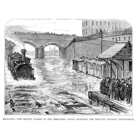 England Nottingham Flood Na Train Entering A Flooded Platform At The Midland Station In Nottingham England 1875 Contemporary Wood Engraving Poster Print by Granger Collection