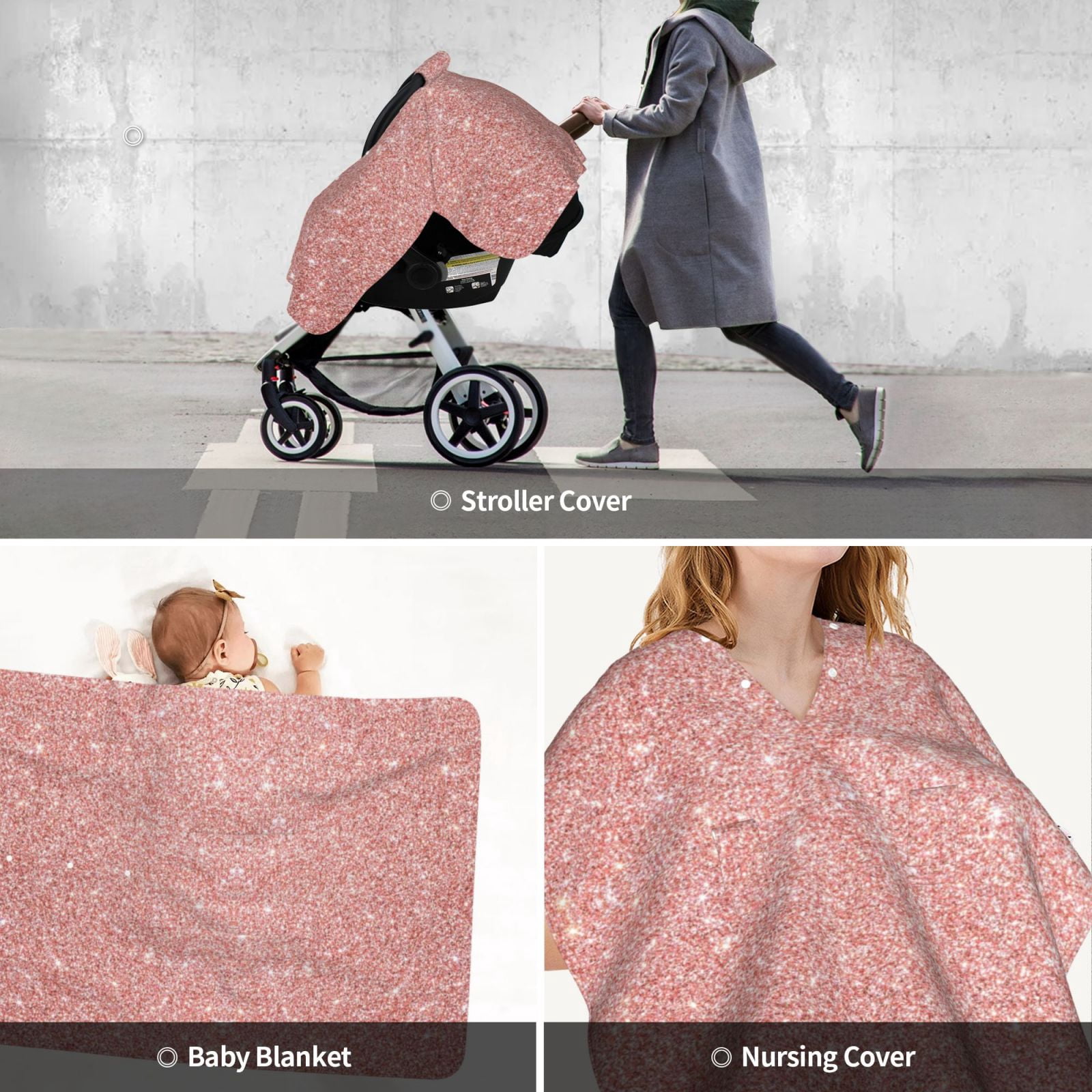 Car Seat Cover Baby - Rose Gold Pink Glitter Breathable Infant Car Seat Cover for Baby Carseat, Lightweight Comfort Baby Essentials Must Haves Newborn Stuff for Girl Boy