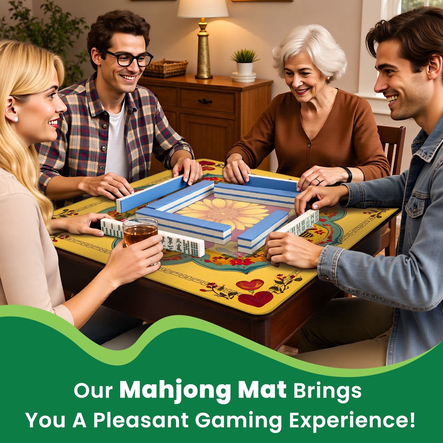 Mahjong Mat 31.5" x 31.5" Floral Mandala Bees Hearts Warm Red Yellow Decorative Non-Slip Noise Reduction American Mahjong Tiles Table Cover for Dominoes Poker Card Board Games Gift