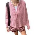 thumbnail image 3 of Suéter Cárdigan Informal de Larga con Cuello Redondo y Botones para Mujer, Prenda Exterior de Punto Rosa M, 3 of 7