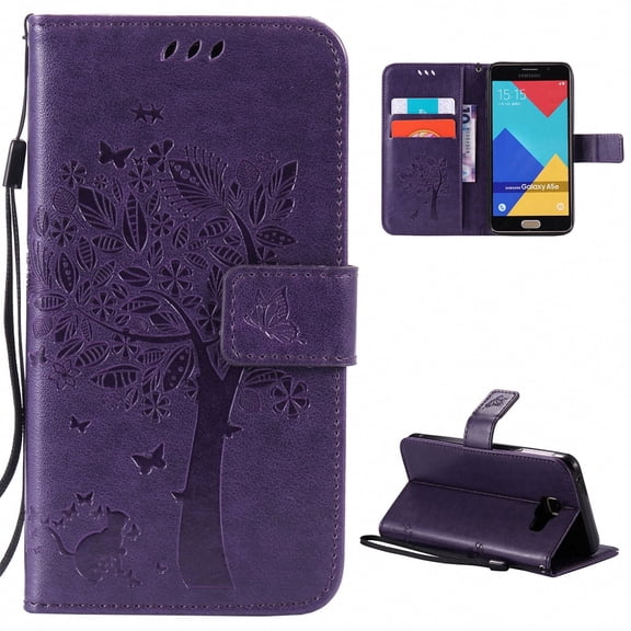 Galaxy A5 2016 Case, Samsung Galaxy A5 Case, Allytech [Embossed Cat & Tree] Slim PU Leather Case Full Body Protective Flip Kickstand Cover with Wrist Strap for Samsung Galaxy A5 2016 Version, Purple
