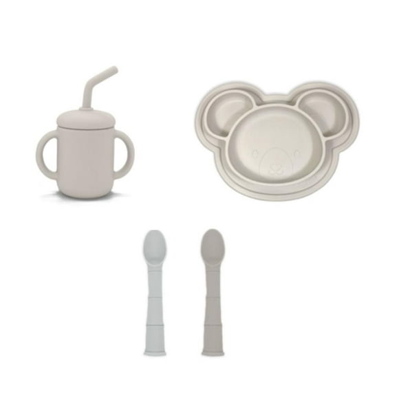 Kushies 100 % Silicone Ensemble de Repas - (Assiette, Cuillères et Tasse à Bec) – Va au Lave-Vaisselle et au Micro-Ondes - Sable - 6 Mois +
