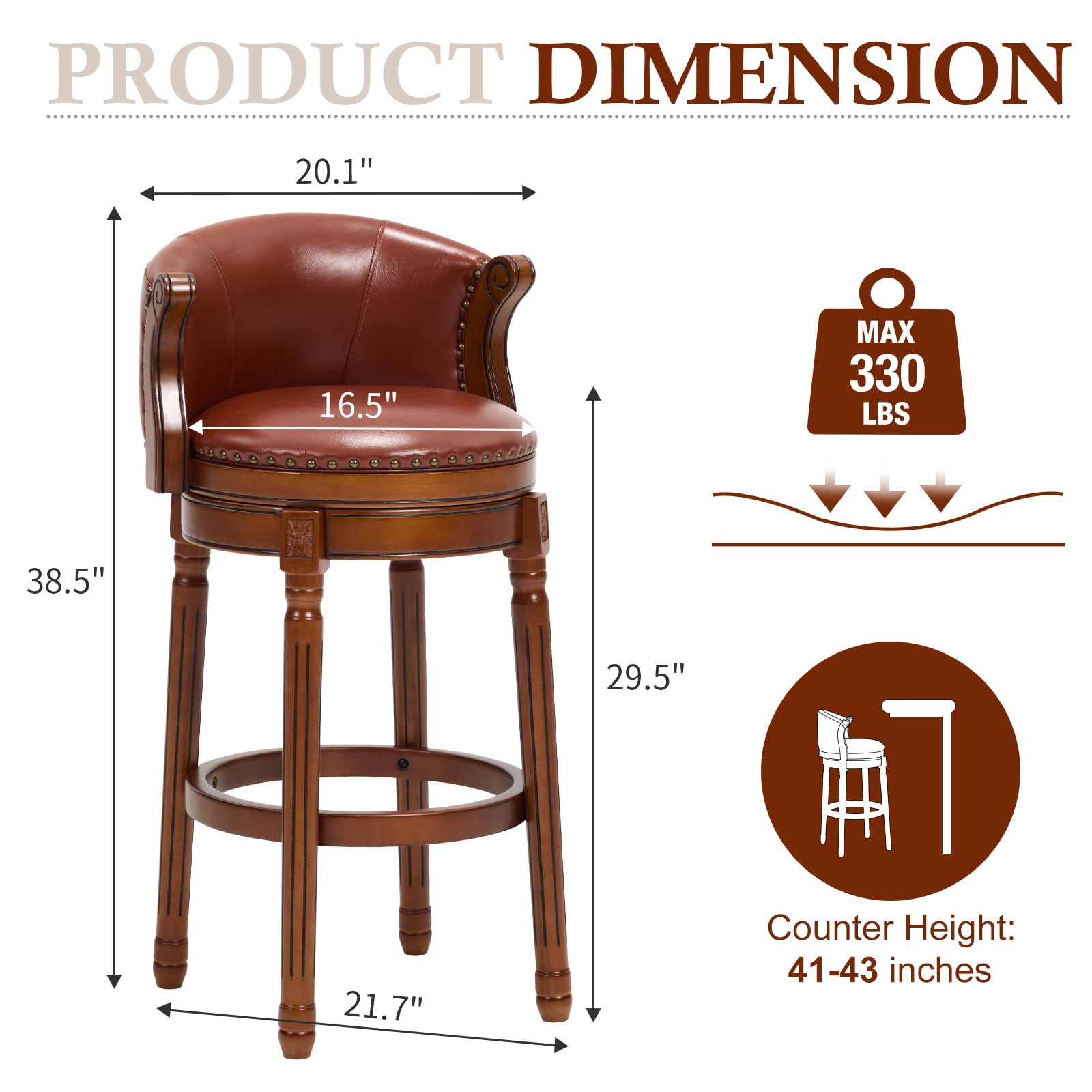 Aulife Bar Stools Counter Height Rubber Wood Swivel Barstools with Back & Footrest-Genuine Leather Upholstered Bar Chair for Bar, Kitchen, Dining Room