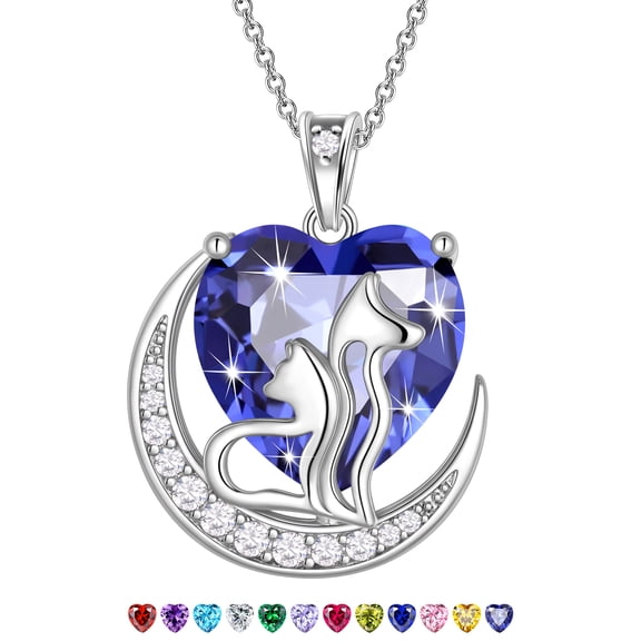 Juwaliy Animal Cat and Dog Necklace Blue Heart December Birthstone Charm Tanzanite Pendant Women Jewelry Christmas Birthday Gift for Mother Daughter Pet Lovers