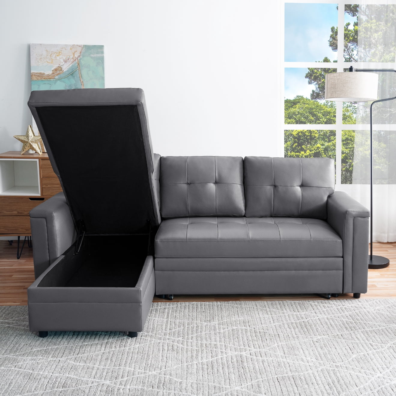 Naomi Home Lily Sectional Sleeper Sofa with USB ports-L-Shaped Couch Convertible faux leather sectional Pull-Out Bed, Ample Storage, Long-Lasting for Modern Living, Gray, Air Leather