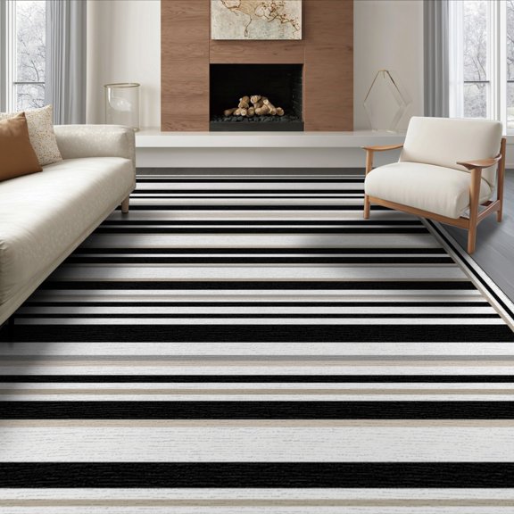 ODIKA 8'x10' Washable Area Rug Durable, Non-Slip Under Doormat Horizontal Stripe Balanced Symmetry Framing Layering for Living Room, Sectional, Family
