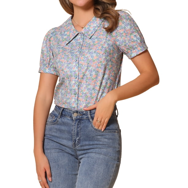 BLUSA DE BOTONES CHIC PARA MUJER CON MANGAS CORTAS Y PUFF, CUELLO CAÍDO, FLORAL, DE ALGODÓN, TAMAÑO M, AZUL CLARO