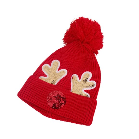 1-5 Years Baby Boys Beanie Christmas Antlers Pattern Sequins Autumn Winter Plush Ball Good Elasticity Warm Cap Hat for Daily Wear
