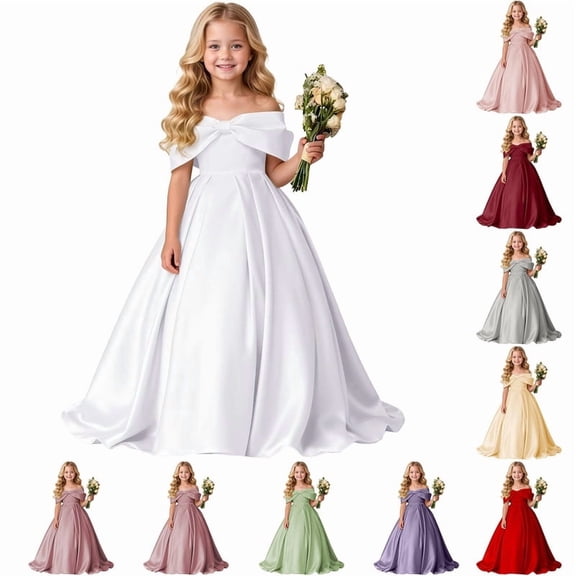 Rvusndi Flower Girl Dress Long Off Shoulder Dress Party Dress Solid Color Big Bow Summer Dresses Elegant Formal Evening Gown for Big Kids Wedding Graduation Dresses