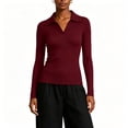 thumbnail image 2 of ClodeEU Women's Collared V Neck Ribbed Long Sleeve Sweater,Casual Slim Fit Knit Pullover Top Wine,Women's Plus XXL, 2 of 6